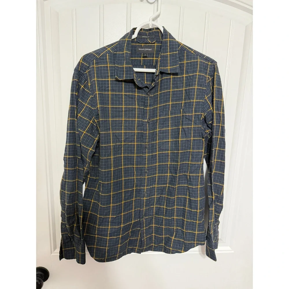 Banana Republic Shirt Mens Medium Untucked Fit Plaid Cotton Button Down EUC